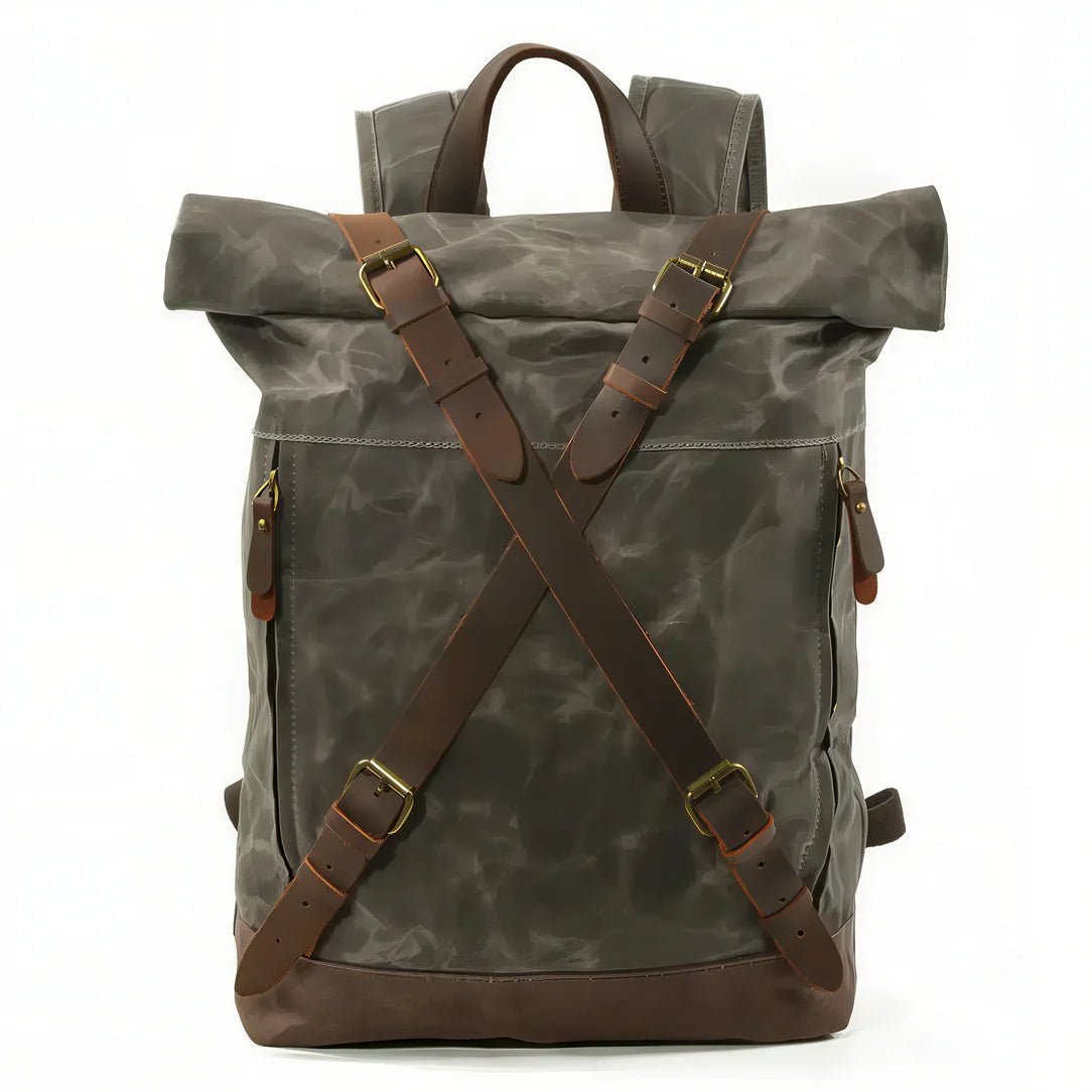 Sac à dos roll top rétro en toile cirée gris foncé avec cuir marron et accents