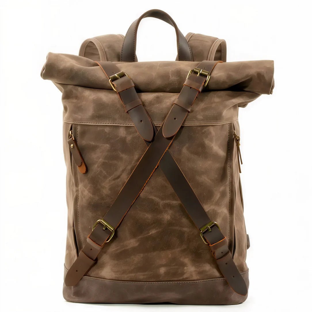 Sac à dos roll top rétro en toile cirée avec bretelles en cuir et boucles en laiton