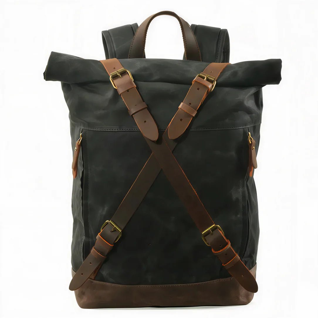 Sac à dos rétro en toile cirée noire avec bretelles et accents en cuir marron