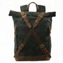Sac à dos rétro en toile cirée noire avec bretelles et accents en cuir marron