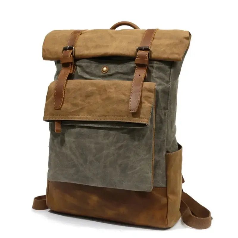 Sac à dos roll top vintage en toile et cuir avec boucles, style rétro et tendance
