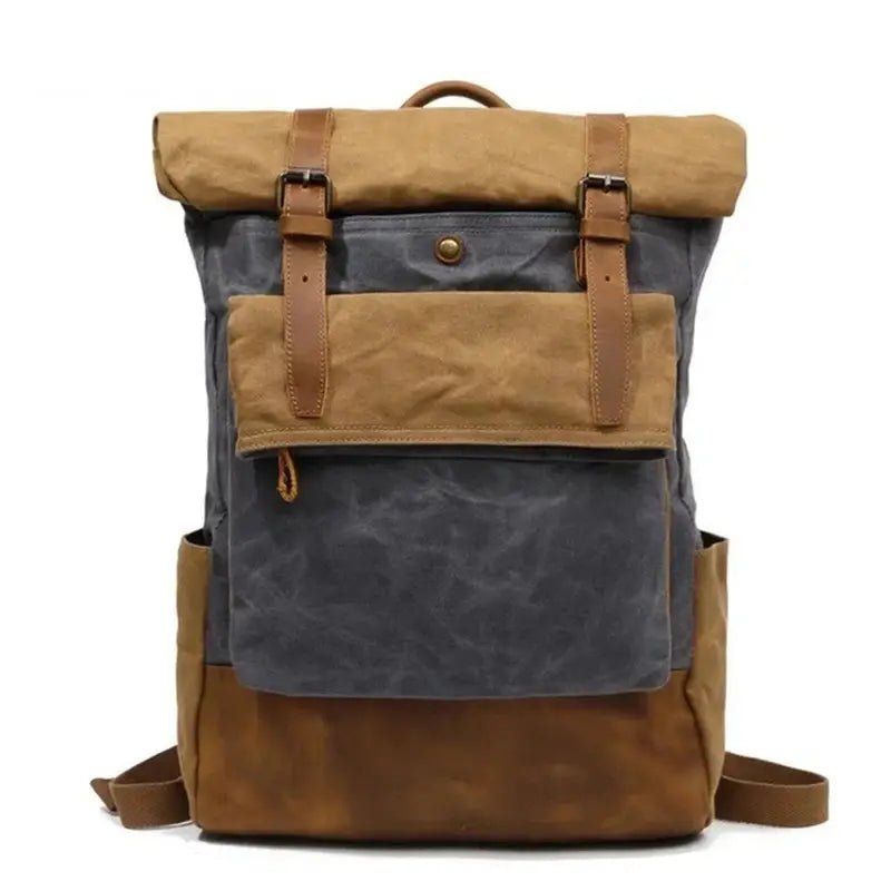Sac à dos roll top vintage avec accents en cuir marron et compartiment principal gris foncé