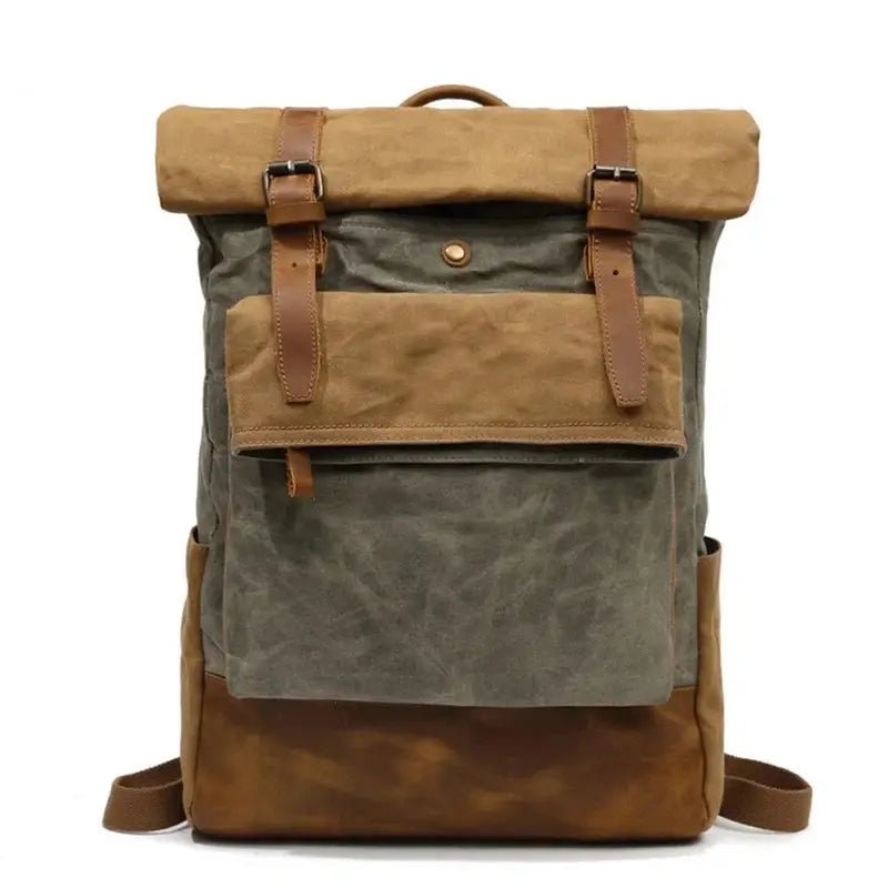Sac à dos roll top vintage en toile et cuir avec poches frontales et latérales