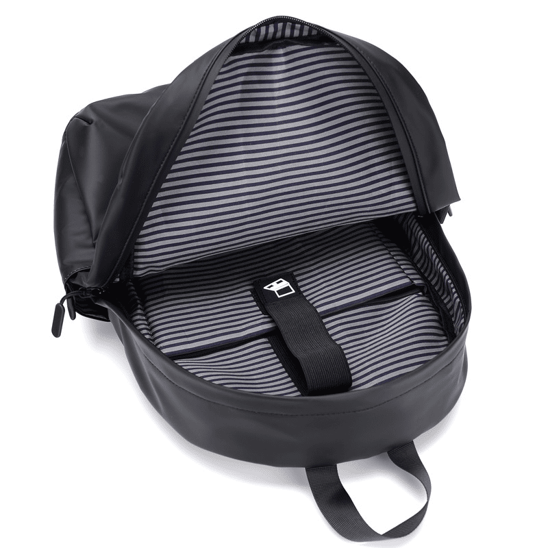 Sac à dos scolaire casual noir ouvert avec doublure rayée et sangle interne