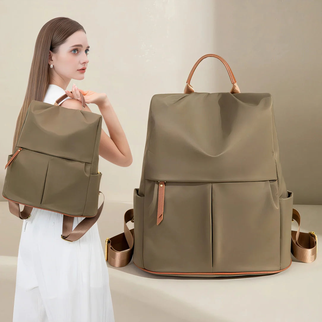 Sac à dos Sienna vert olive avec accents dorés et sangles cuir