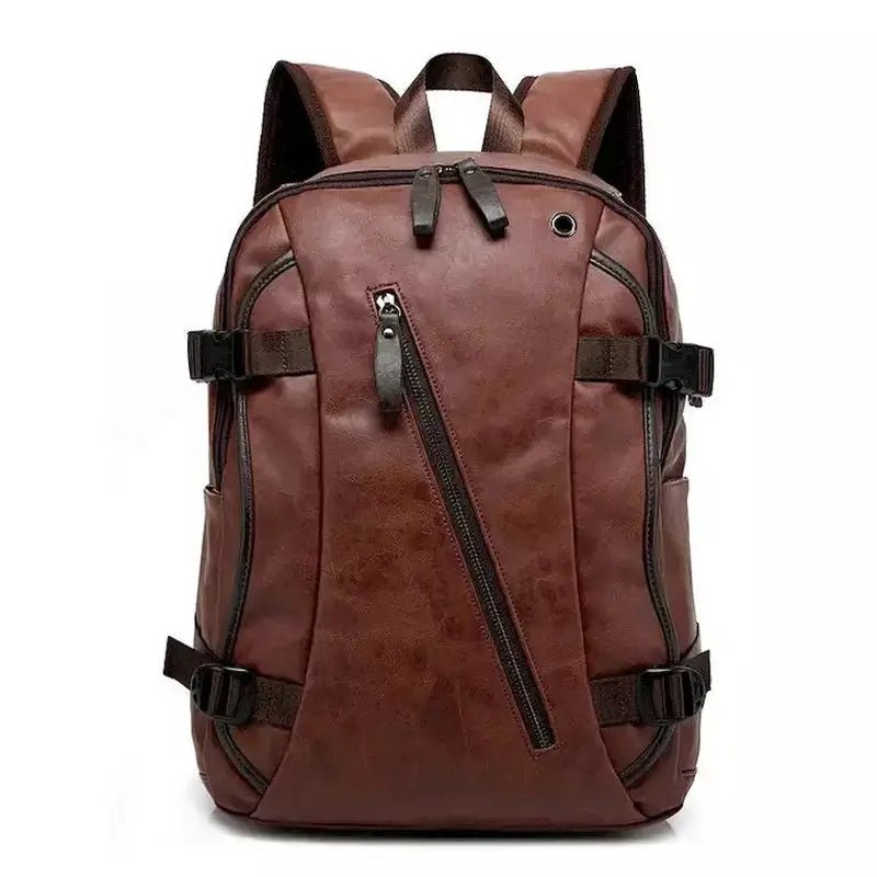 Sac à dos simili cuir homme marron avec plusieurs compartiments zippés et boucles latérales