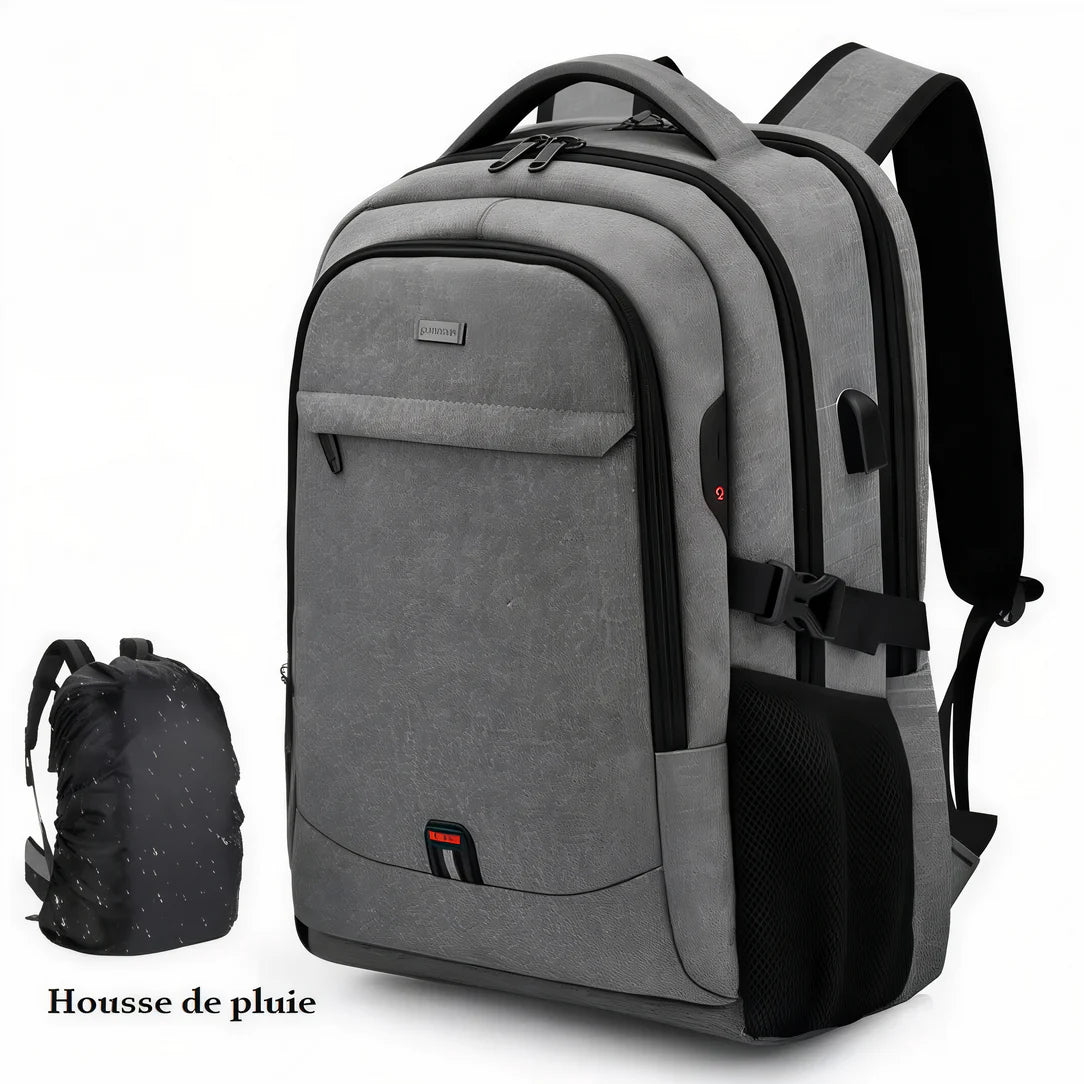 Sac à dos télétravail FlexWork gris avec compartiments, port USB et housse de pluie