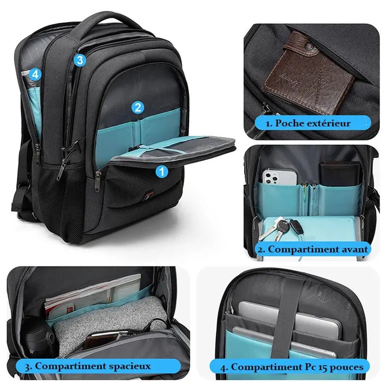 Sac à dos télétravail FlexWork noir avec compartiments, poche pour ordinateur portable