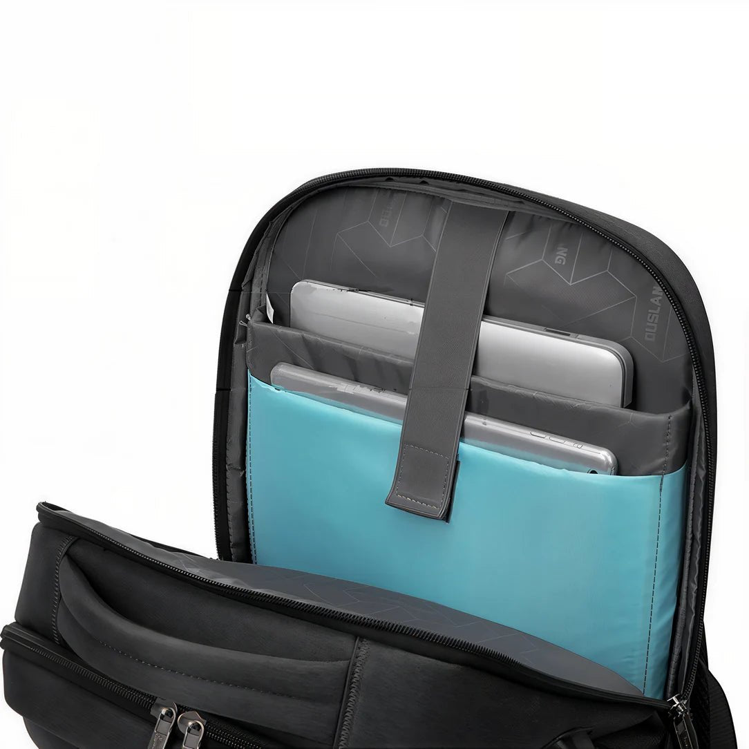 Sac à dos télétravail FlexWork noir ouvert avec plusieurs compartiments pour électronique