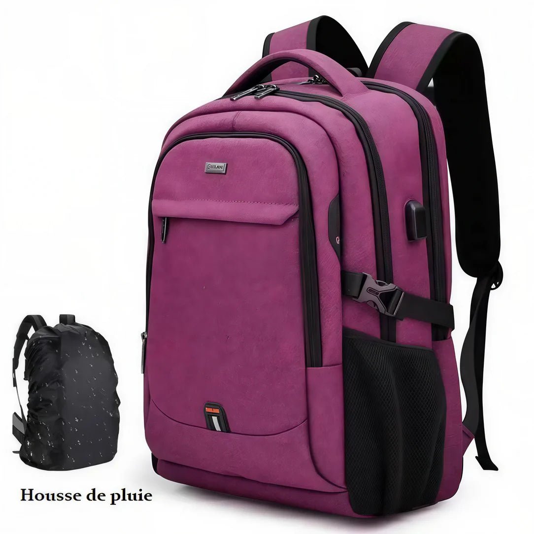 Sac à dos télétravail FlexWork violet avec compartiments, port USB et pluie cover
