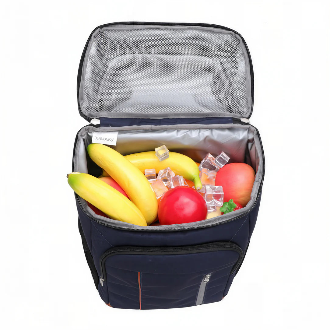 Sac à dos thermique de picnic grand format 28L avec cooler bleu marine rempli de fruits et glaçons