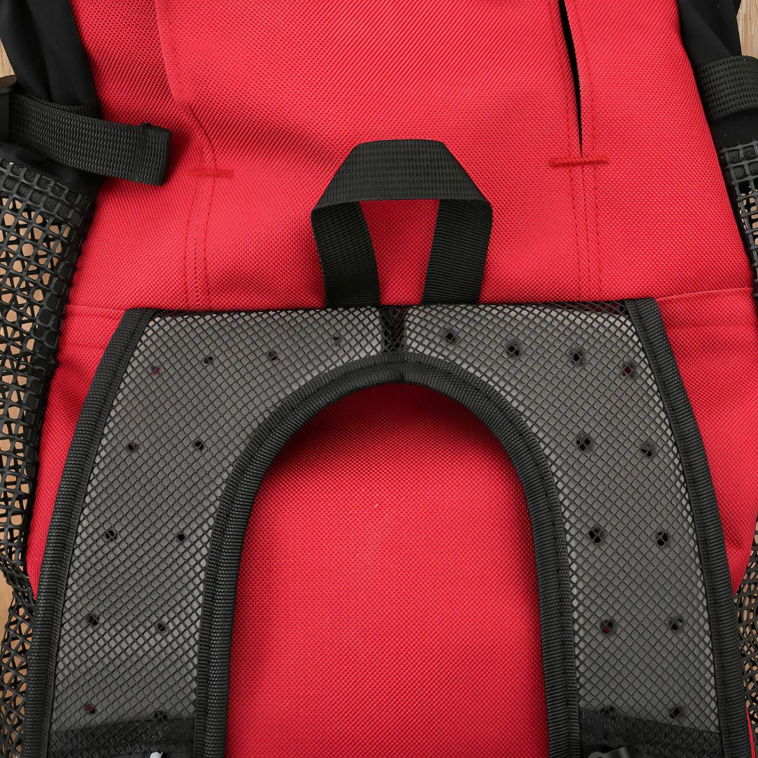 Sac à dos transport chien 20kg rouge avec bretelles en mesh noir et poignée supérieure
