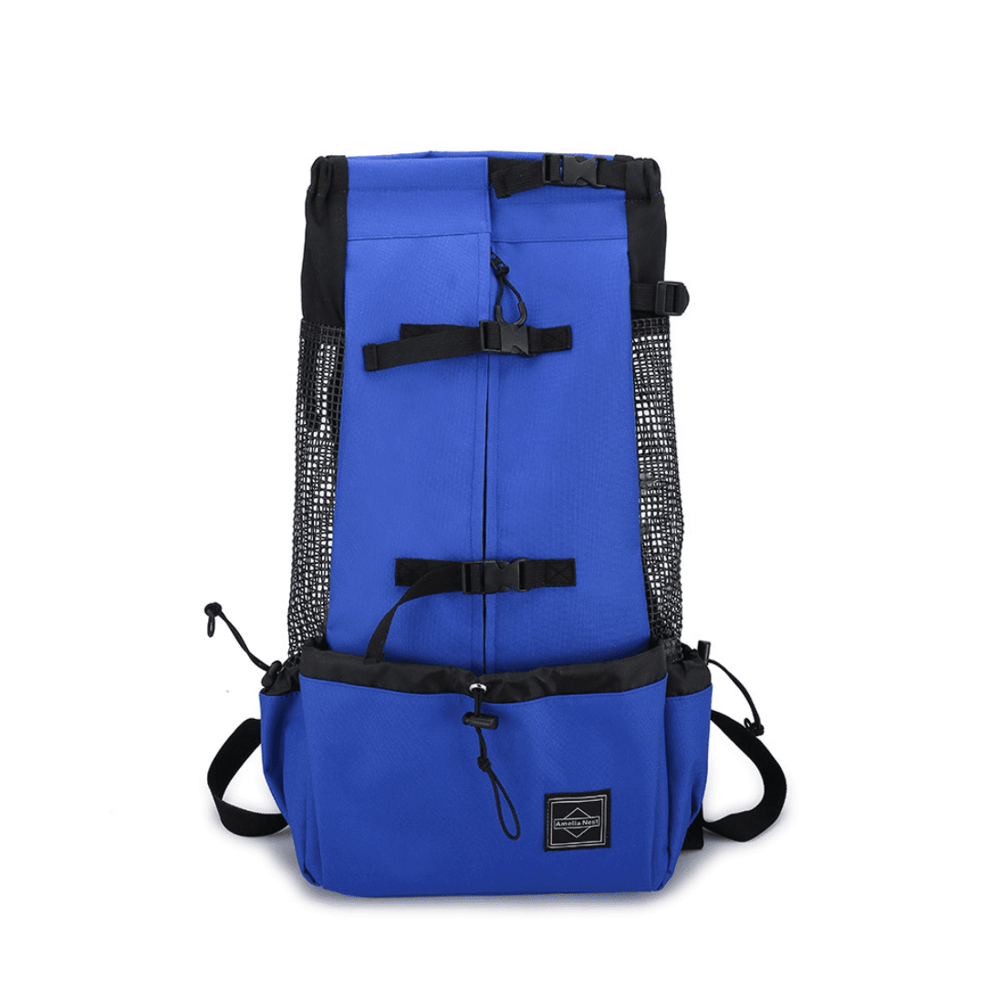 Sac à dos transport chien 20kg en bleu avec côtés en mesh noir et nombreuses boucles