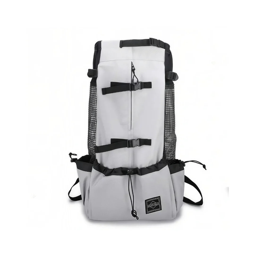 Sac à dos transport chien 20kg gris clair et blanc avec côtés en mesh noir et bretelles ajustables
