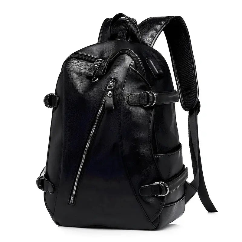 Sac à dos urbain pour femme en cuir noir avec multiples zippers et boucles