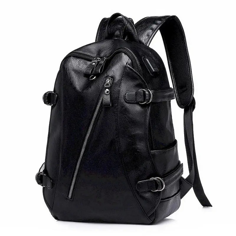 Sac à dos urbain pour femme en cuir noir avec multiples zippers et boucles