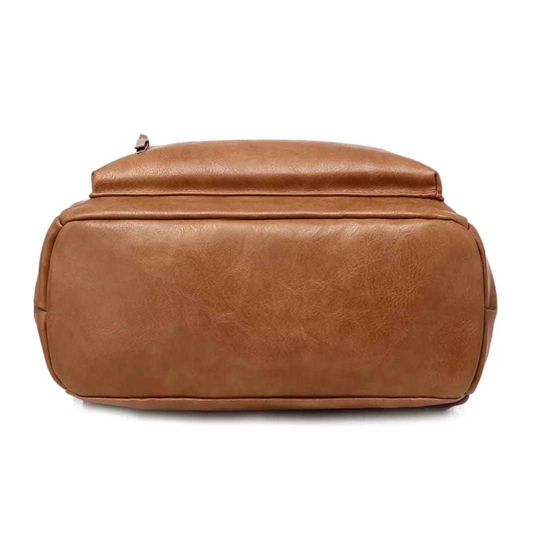 Sac à dos vintage femme en similicuir tan avec forme rectangulaire arrondie et coutures visibles