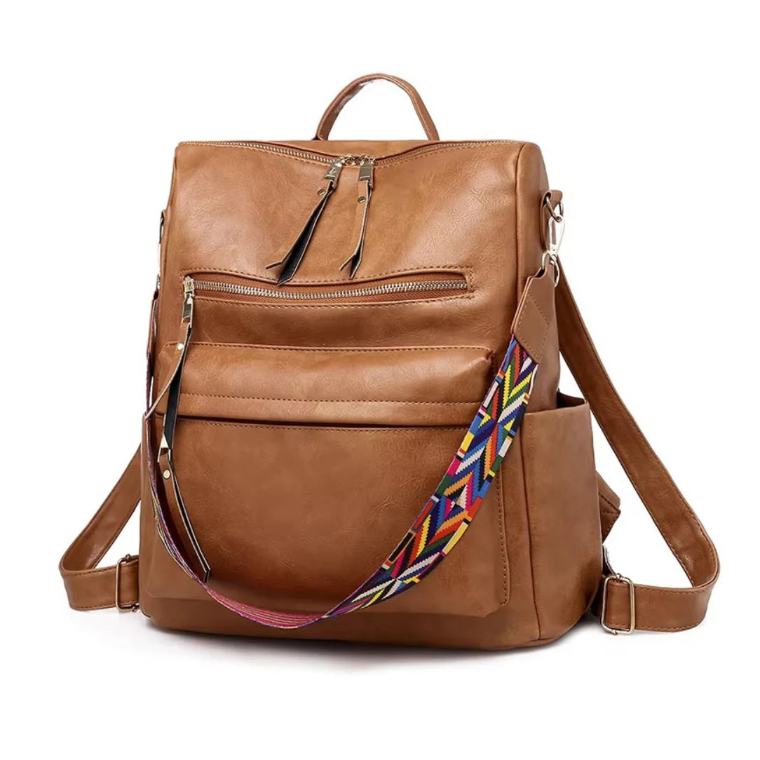 Sac à dos vintage femme en similicuir tan avec sangle tissée colorée et fermetures éclair multiples