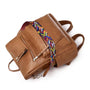 Sac à dos vintage femme en similicuir marron avec sangle tissée colorée géométrique