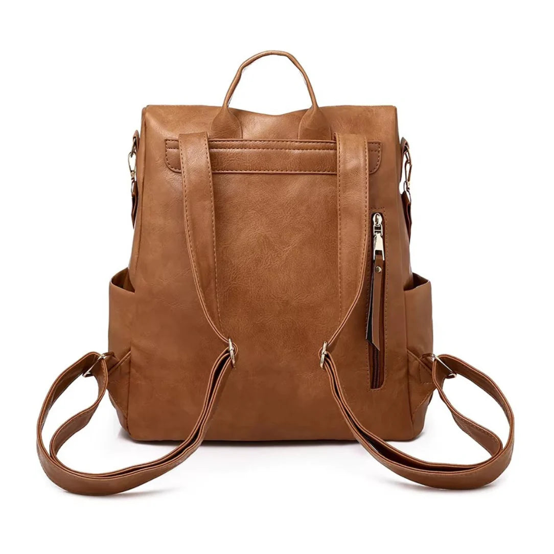 Sac à dos vintage femme en similicuir tan avec sangles ajustables et anse supérieure