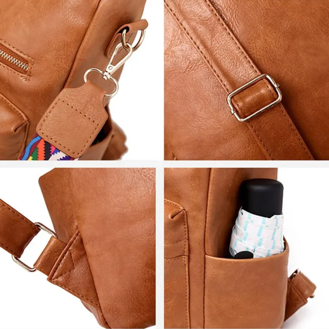 Sac à dos vintage femme en similicuir tan avec sangle tissée colorée et quincaillerie métallique