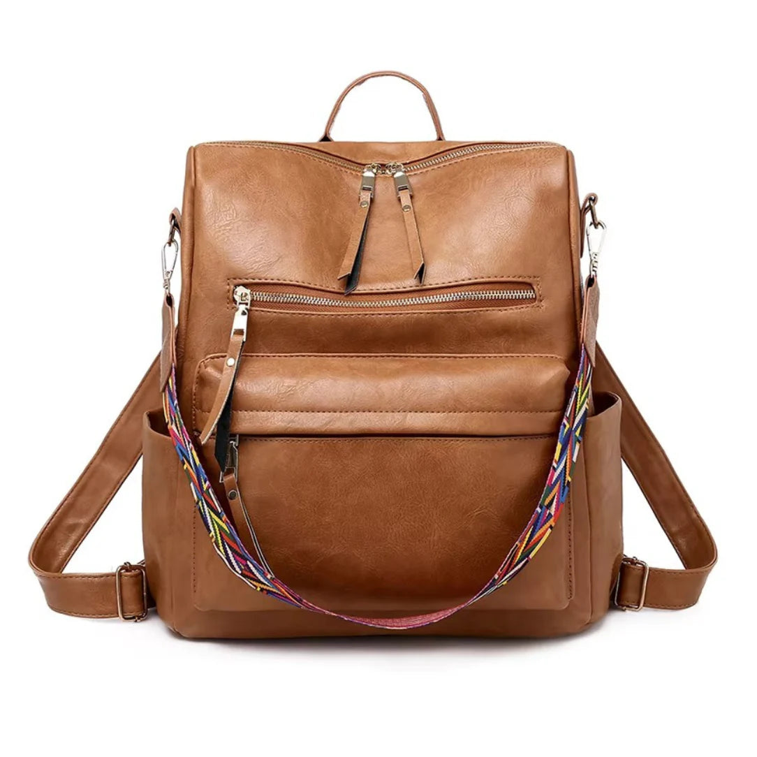 Sac à dos vintage femme en similicuir marron avec sangle tissée colorée et fermetures éclair multiples