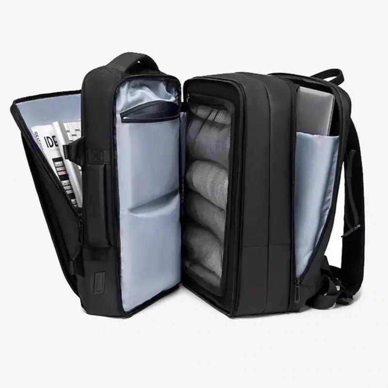 Sac à dos voyage avion noir avec compartiments organisés, poche pour ordinateur et vêtements