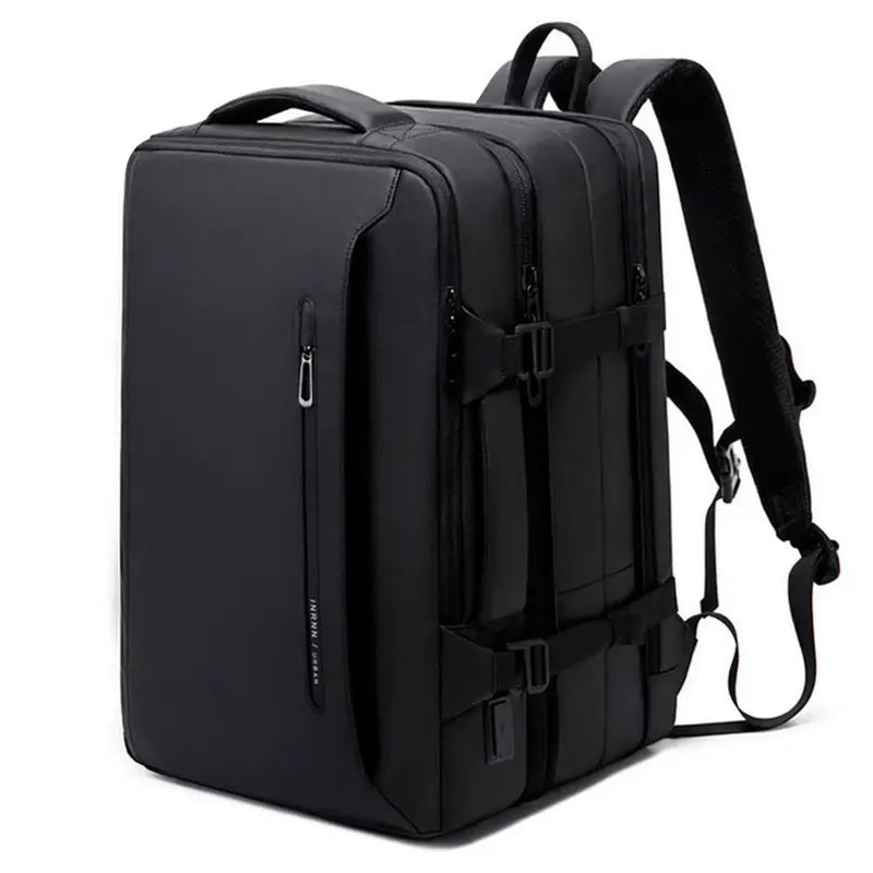 Sac à dos voyage avion noir avec compartiments, sangles de compression et bretelles rembourrées