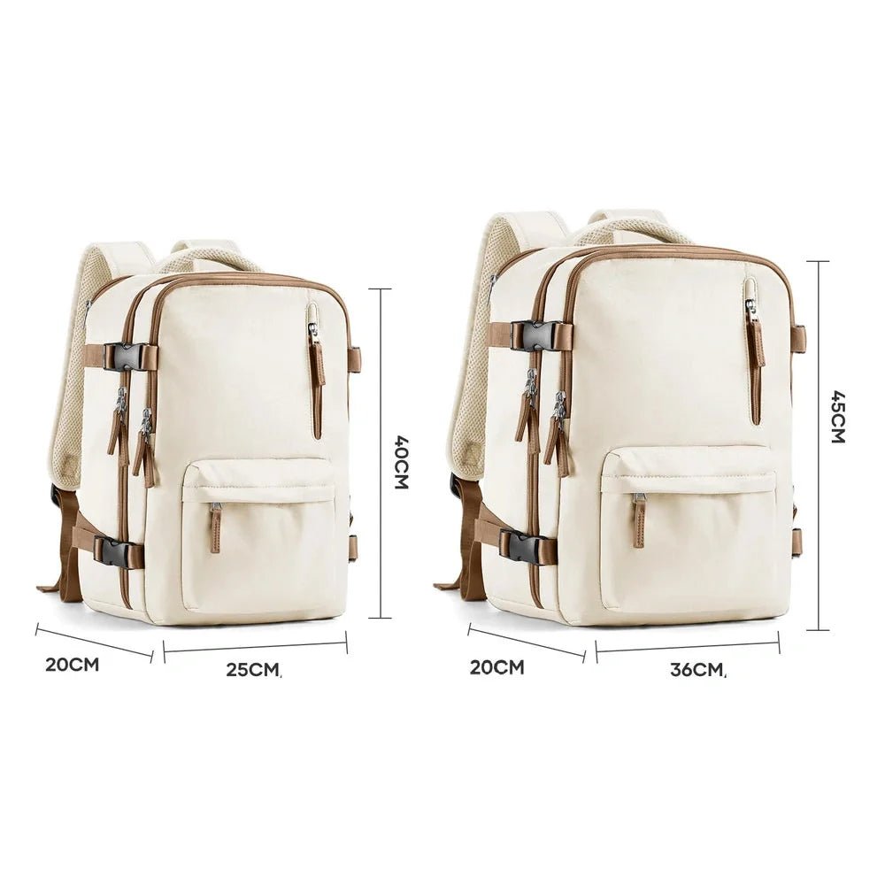 Sac à dos voyage femme crème avec accents marron et multiples poches, dimensions visibles