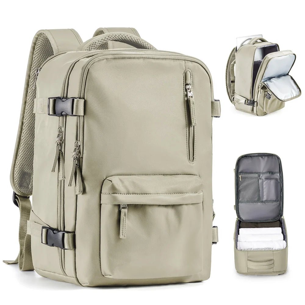 Sac à dos voyage femme beige clair avec plusieurs compartiments et organisation