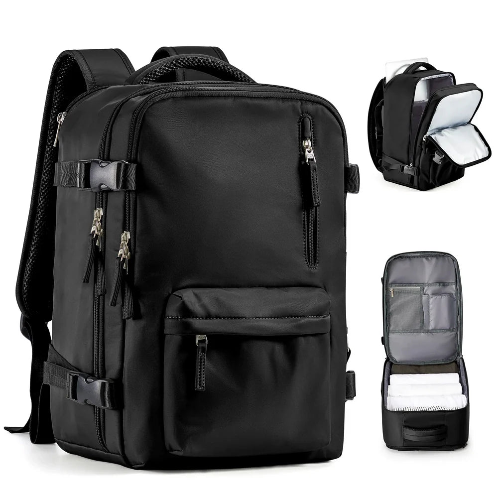 Sac à dos voyage femme noir avec plusieurs compartiments et options d’extension