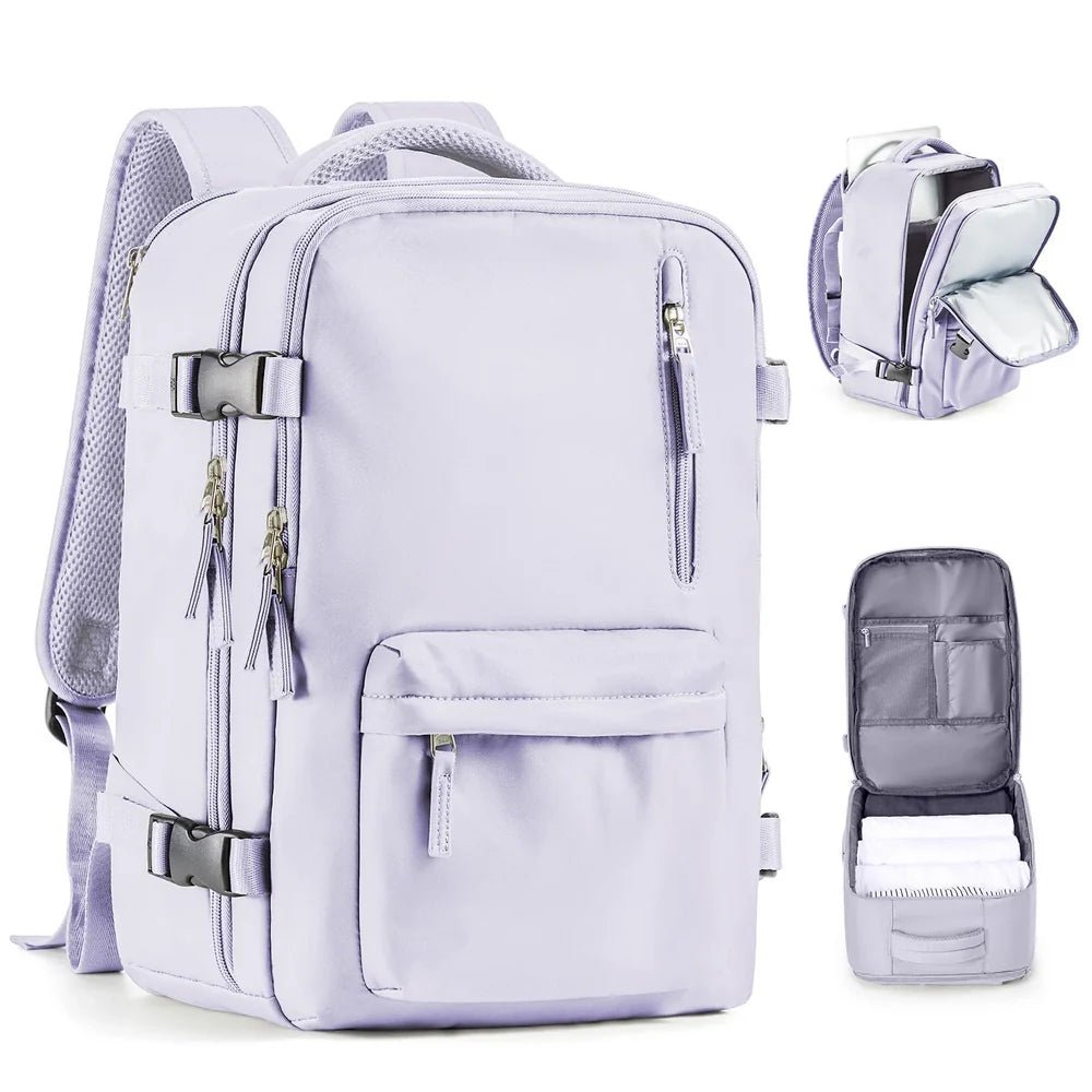 Sac à dos voyage femme violet clair avec plusieurs compartiments et bretelles ajustables