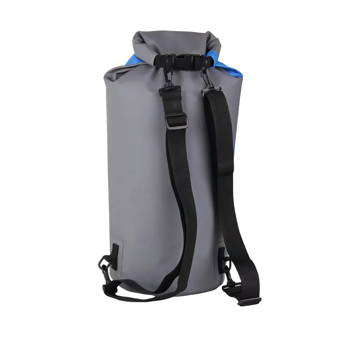 Sac à dos waterproof gris 25-60L IPX7 avec sangles noires et fermeture bleue