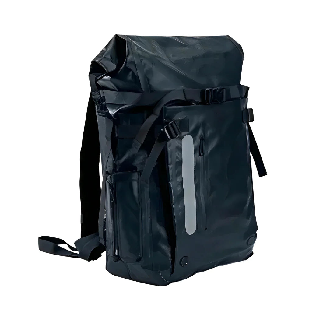 Sac à dos waterproof de randonnée noir avec fermeture roll-top et bande réfléchissante