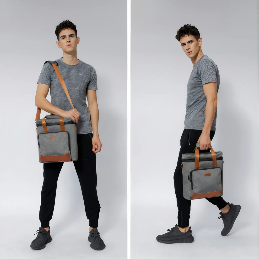 Sac à lunch isotherme 10L avec sac refroidisseur gris et accents en cuir marron