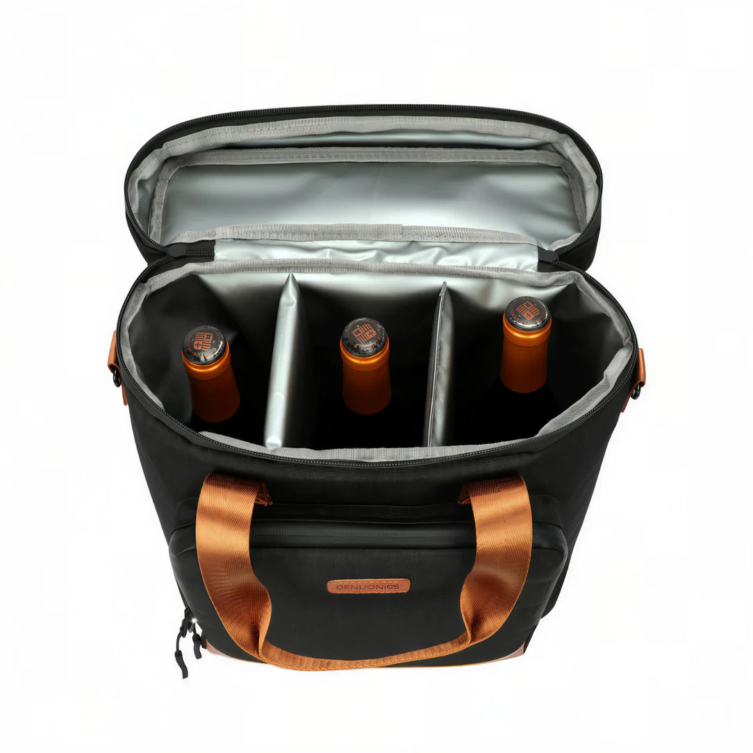 Sac à lunch isotherme 10L avec sac à vin noir isolé, poignées marron et trois compartiments