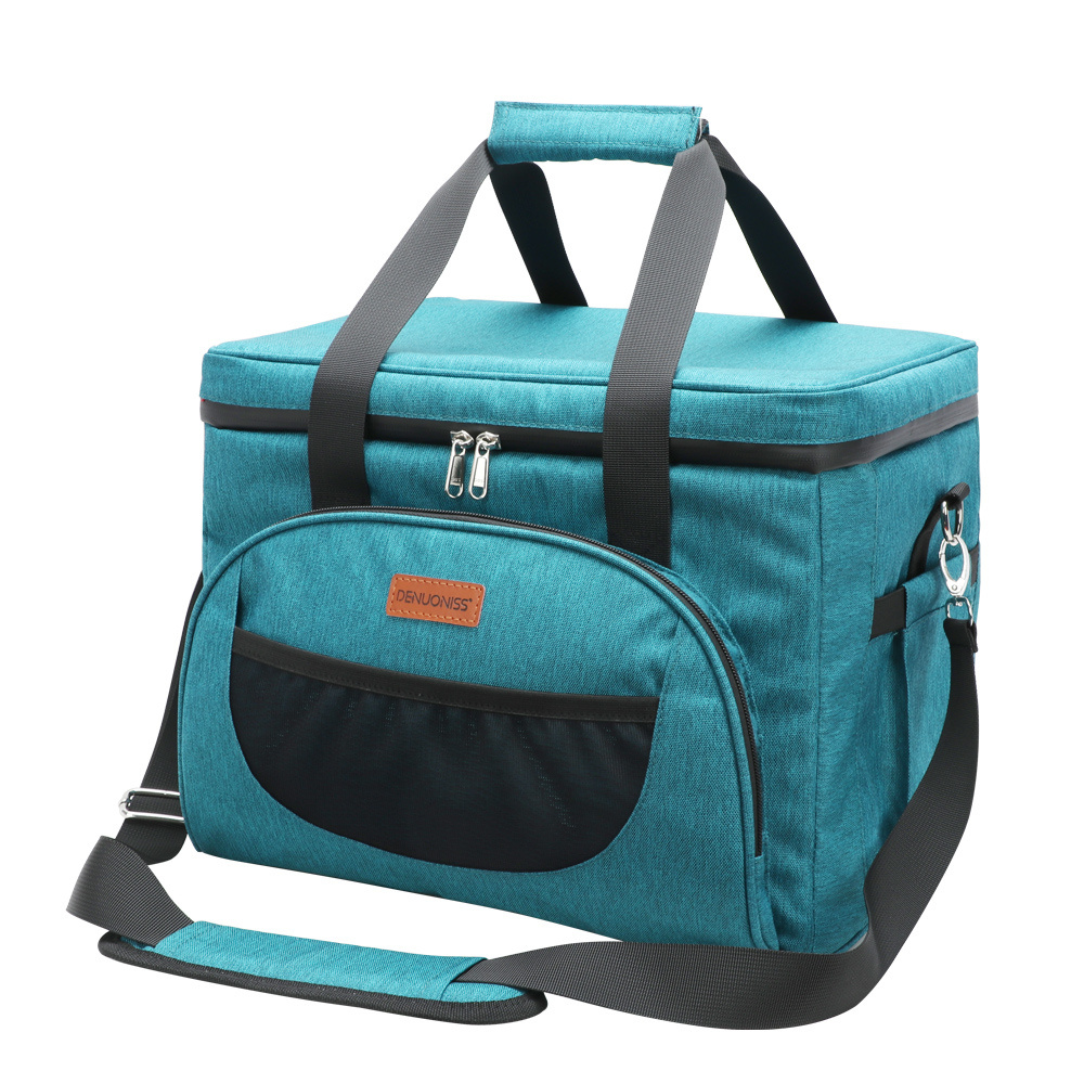 Sac bandoulière isotherme de picnic en sac isolant teal avec bandoulière noire et poche avant