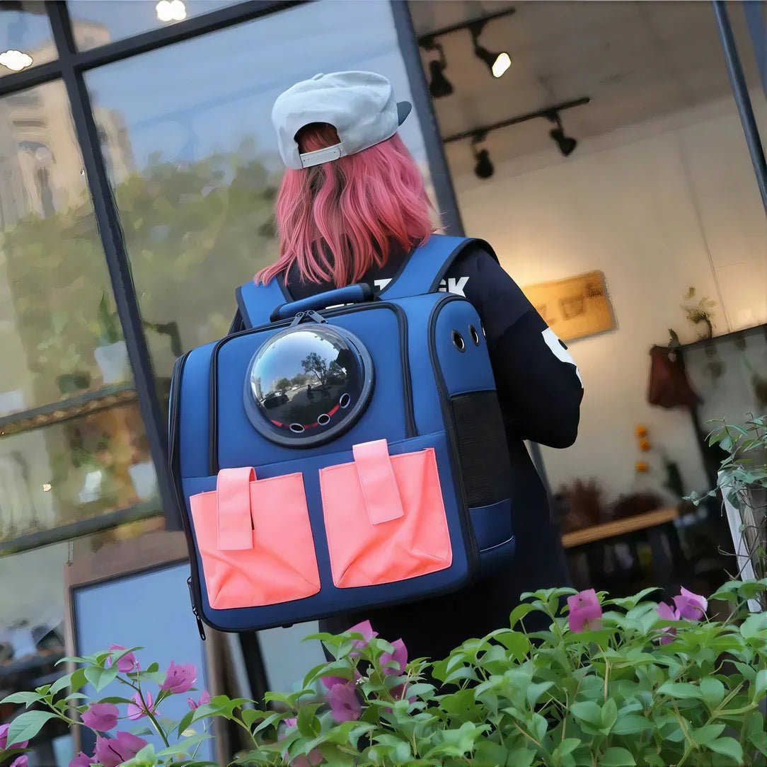 Sac chat transport grande taille Wisker avec sac à dos bleu, fenêtre en bulle claire et poches peach