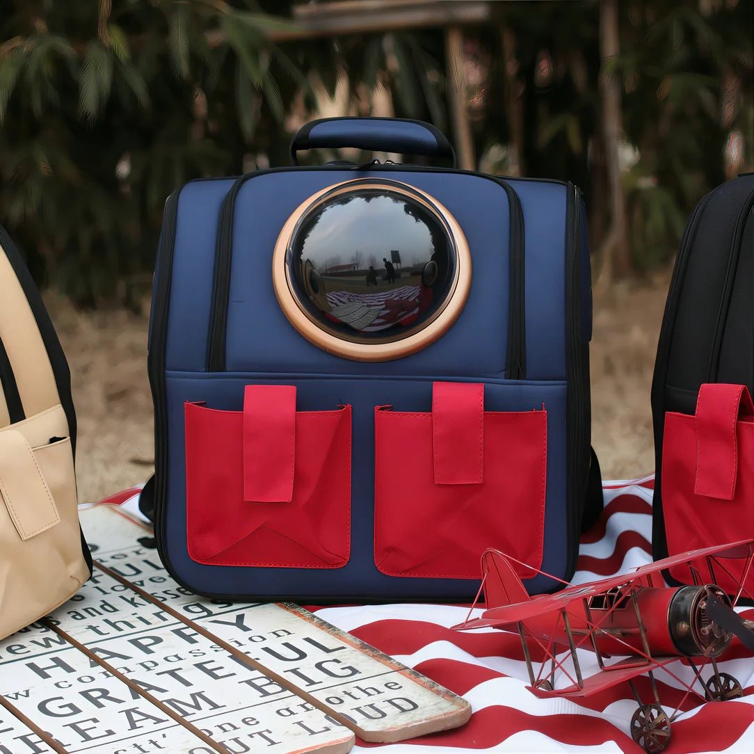 Sac chat transport grande taille Wisker avec sac à dos bleu, fenêtre en bulles claire et poches rouges