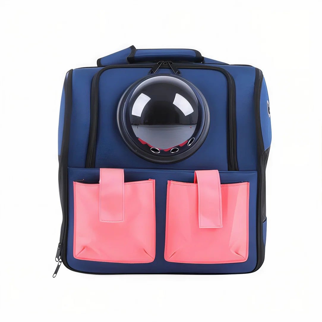 Sac chat transport grande taille Wisker avec sac à dos bleu, fenêtre en bulle claire et poches roses