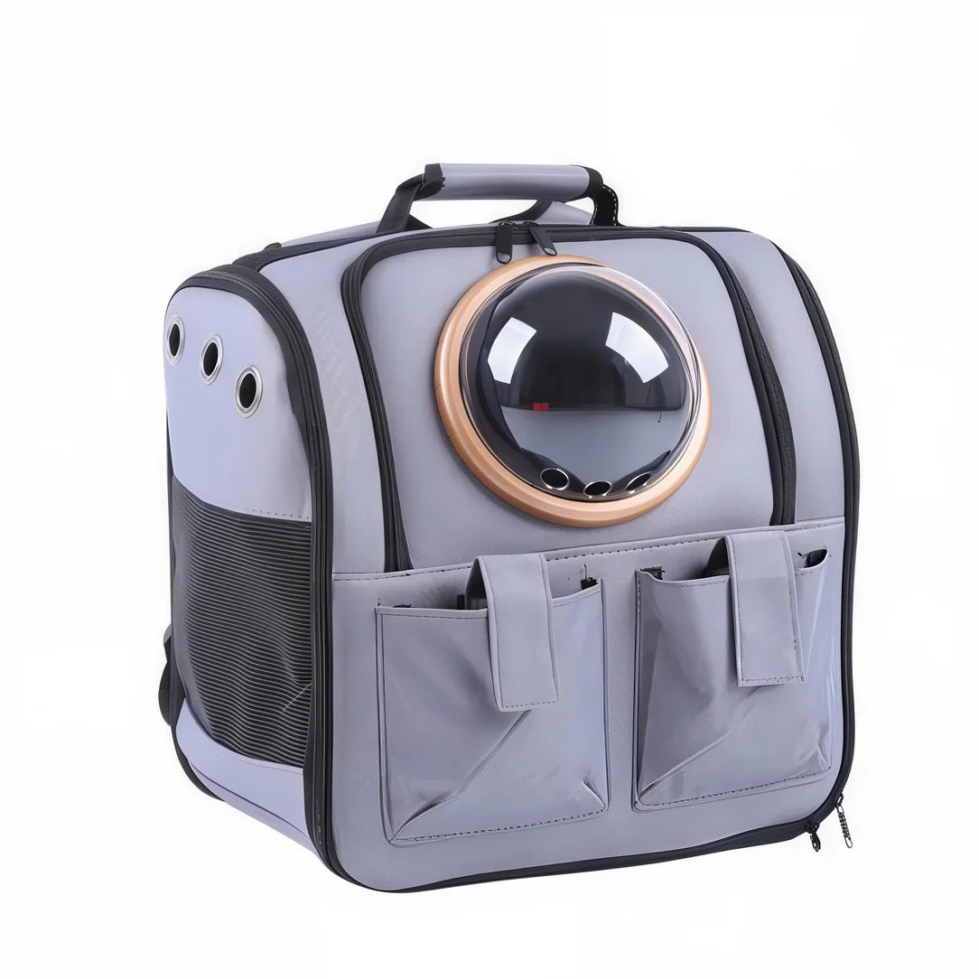 Sac chat transport grande taille Wisker avec sac à dos gris, fenêtre en bulle et ventilation