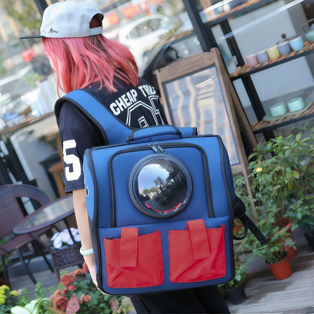 Sac chat transport grande taille Wisker avec sac à dos bleu, fenêtre en plastique et poches rouges