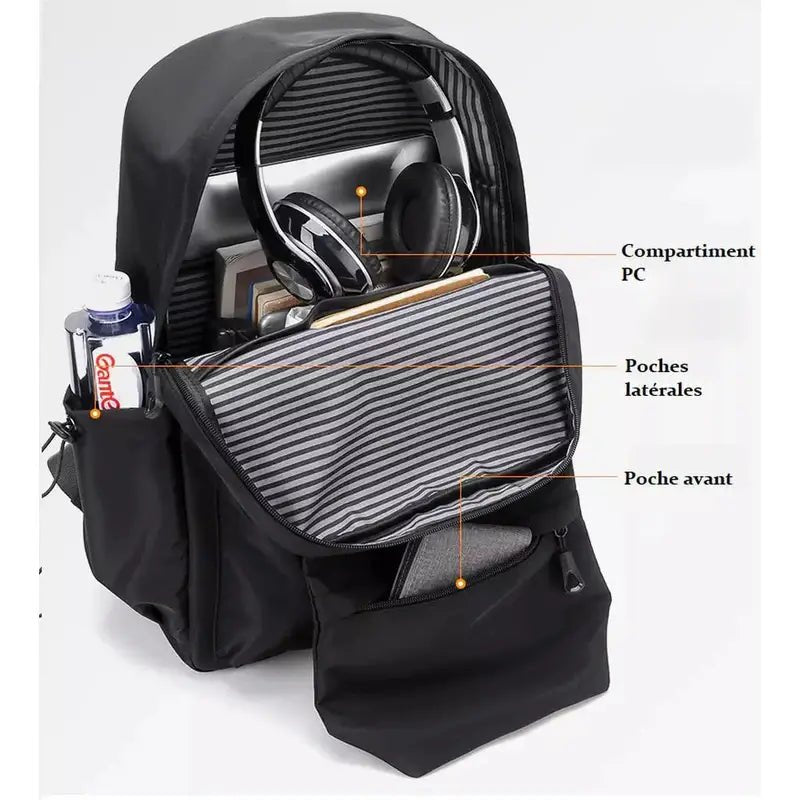 Sac de cours lycée homme noir ouvert avec compartiments pour ordinateur et accessoires