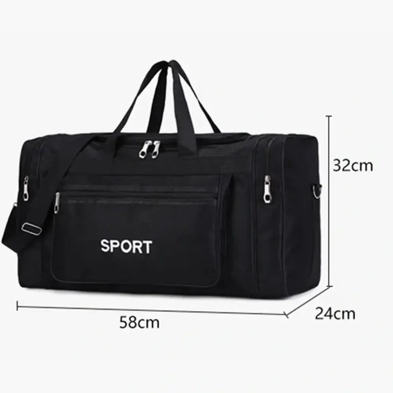 Sac de sport bandoulière noir avec poignées, bandoulière, compartiments zippés, 58x32x24cm