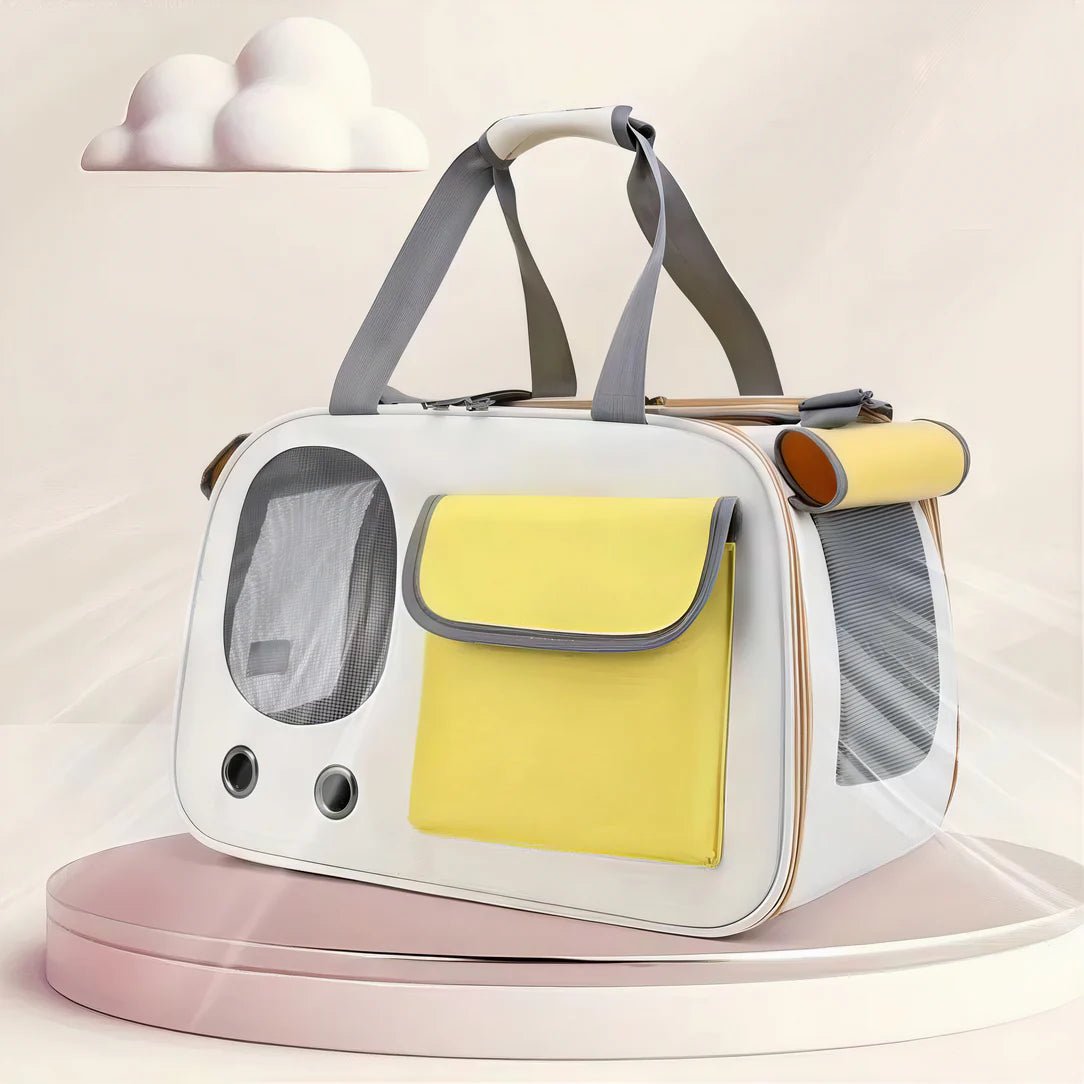 Sac de transport à main pour chat Felinity blanc et jaune avec fenêtres en mesh et poche latérale