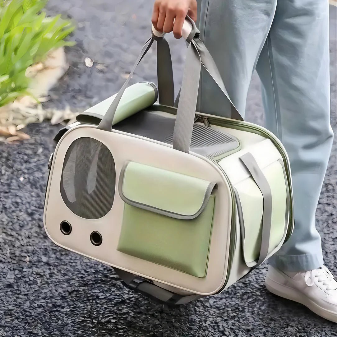 Sac de transport à main pour chat Felinity, léger vert clair et beige avec fenêtres en mesh