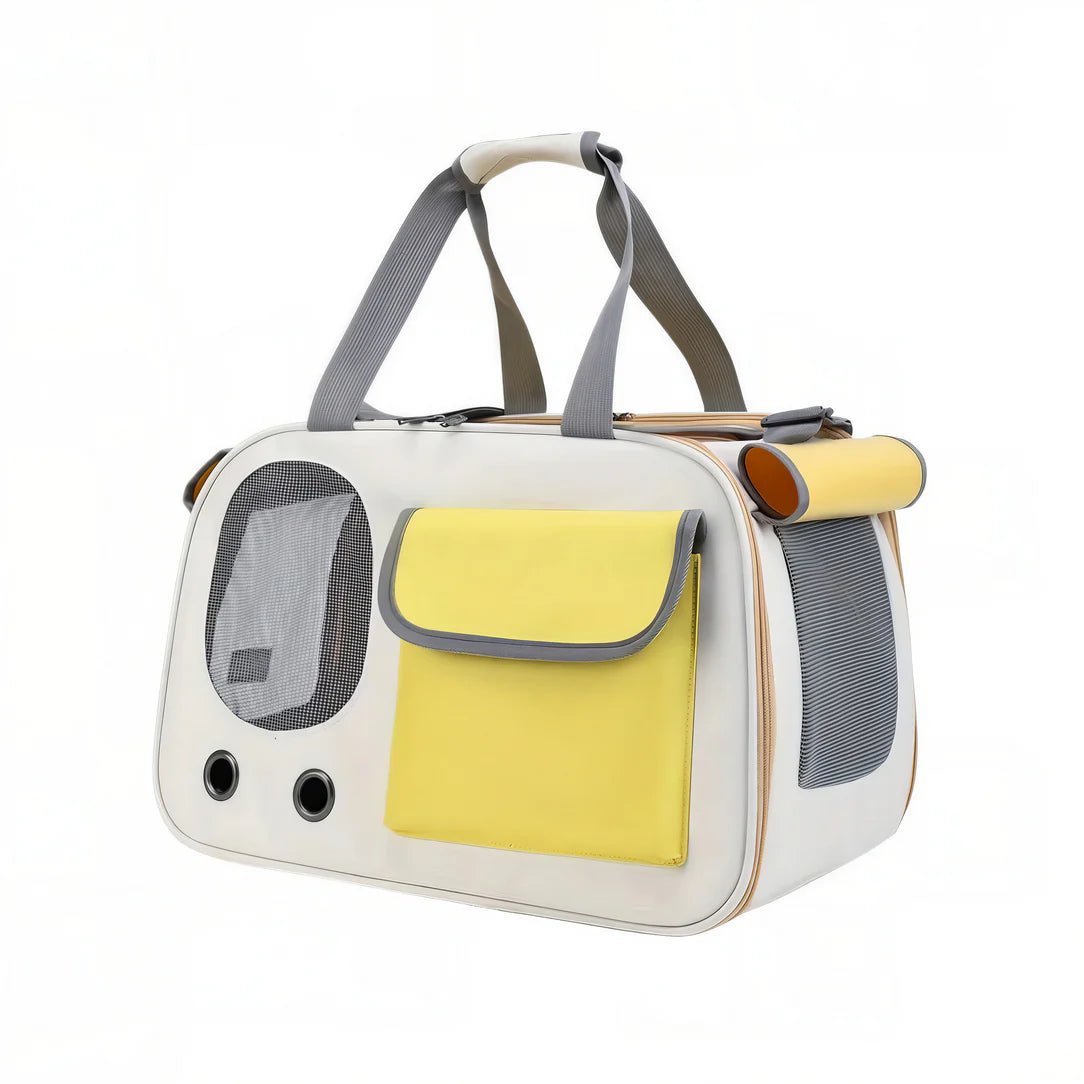 Sac de transport à main pour chat Felinity en crème et jaune avec fenêtres en mesh