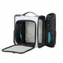 Sac de transport chat rectangulaire extensible avec compartiments blancs, noirs et poches en mesh turquoise