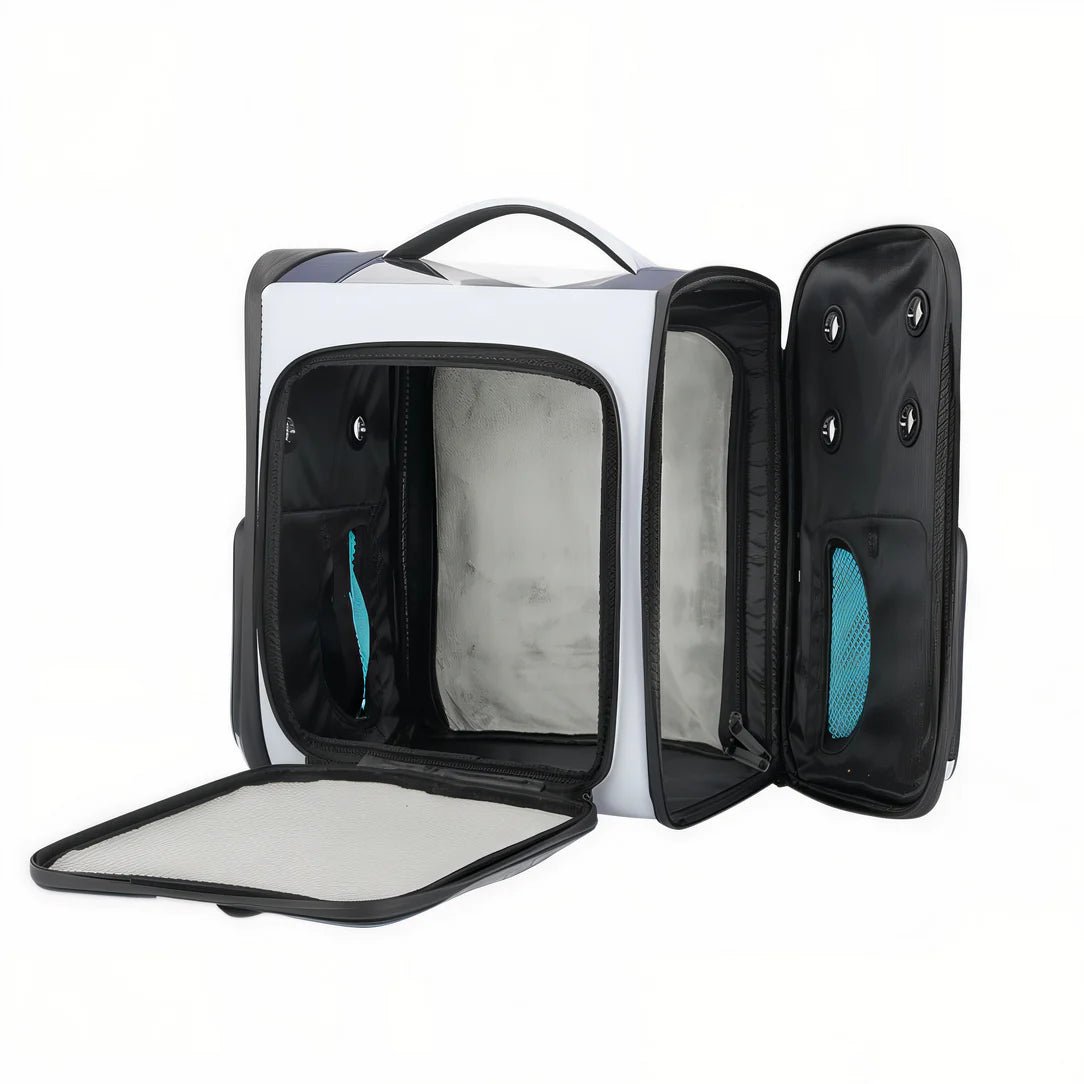 Sac de transport chat rectangulaire extensible avec compartiments blancs, noirs et poches en mesh turquoise