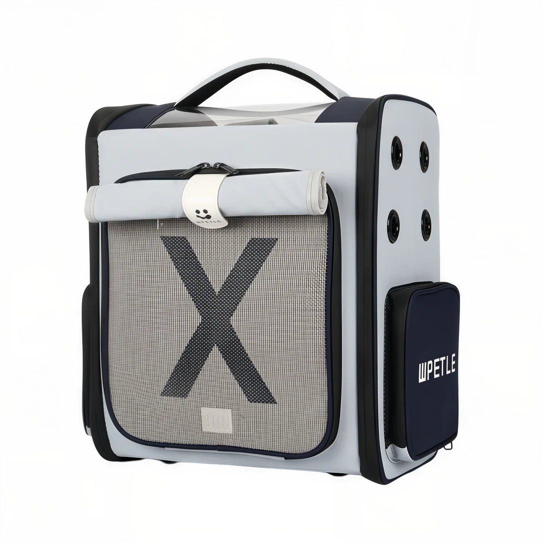 Sac de transport chat rectangulaire extensible en gris clair et bleu foncé avec fenêtre en mesh